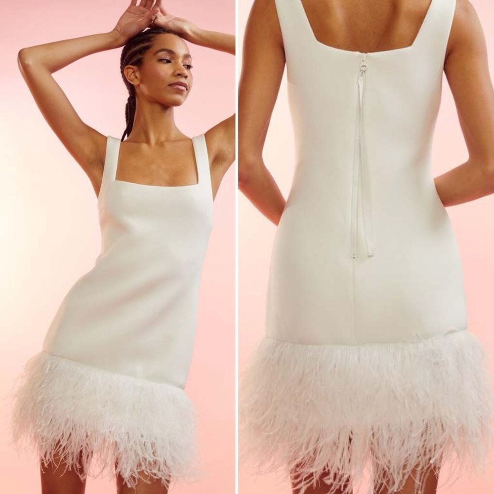 Cynthia Rowley Cream Square-Neck Mini Dress with Feather Hem